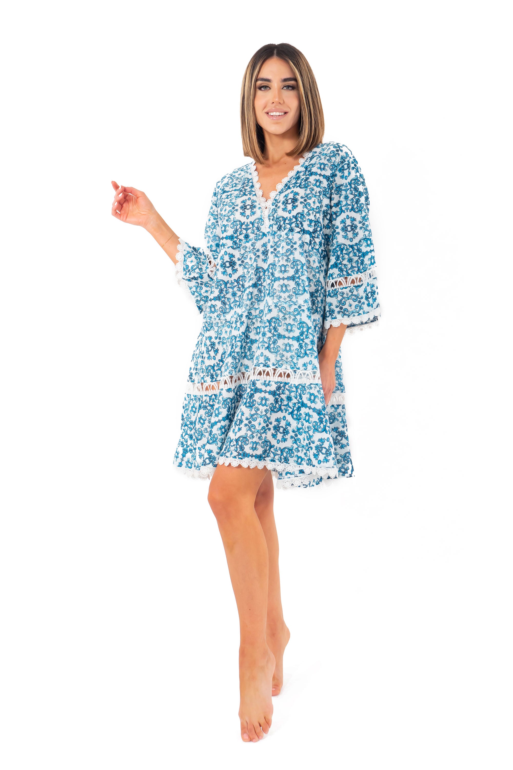 Vestito camicia turchese con maniche a 3/4 Romina