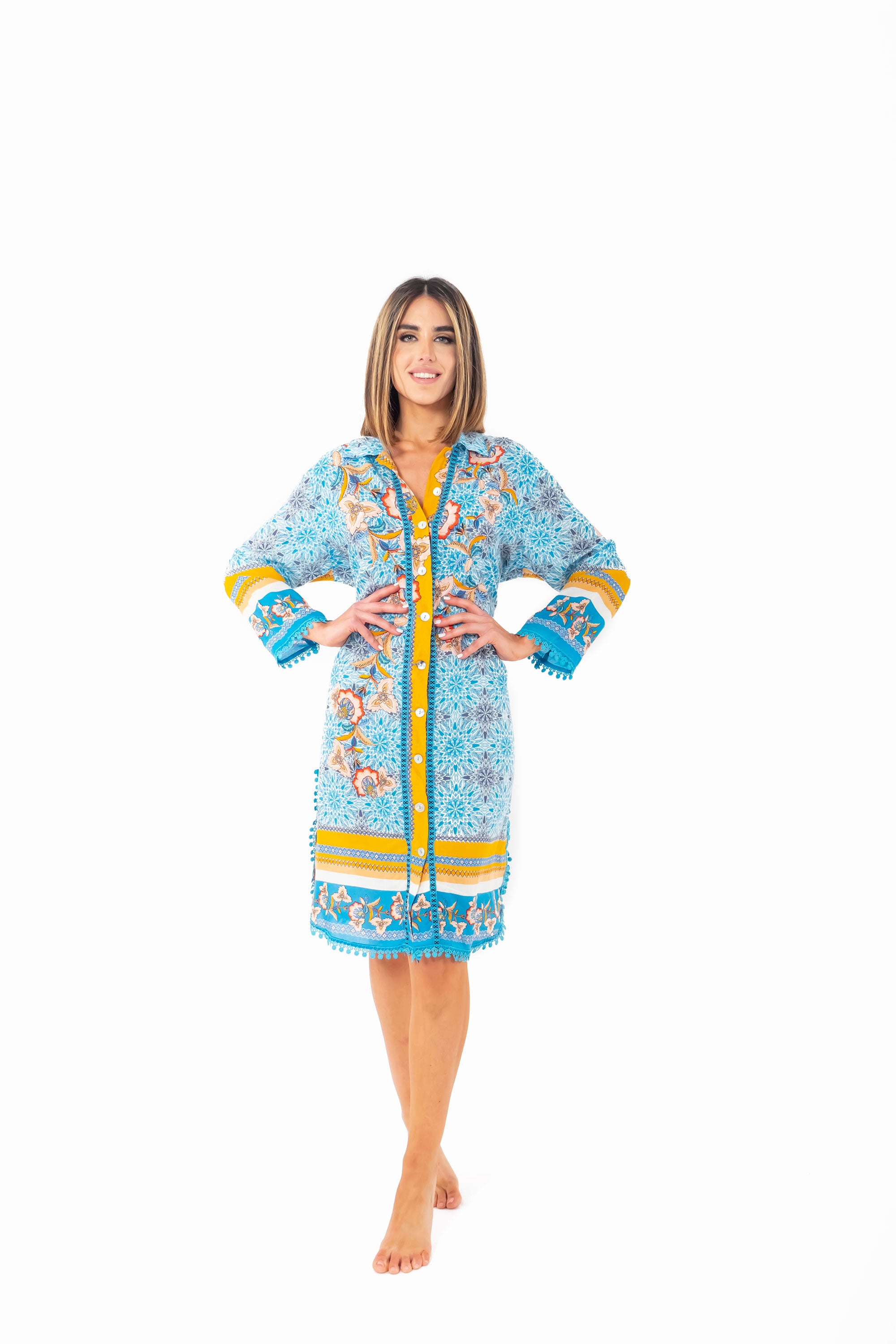 Vestito camicia a fiori con maniche a 3/4 Romina