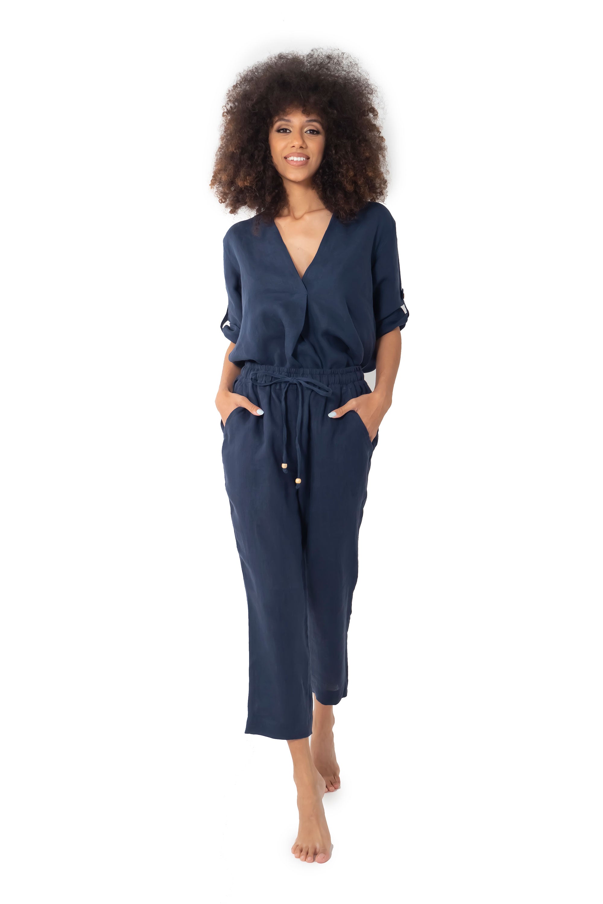 Pantaloni in cotone e lino Naomi