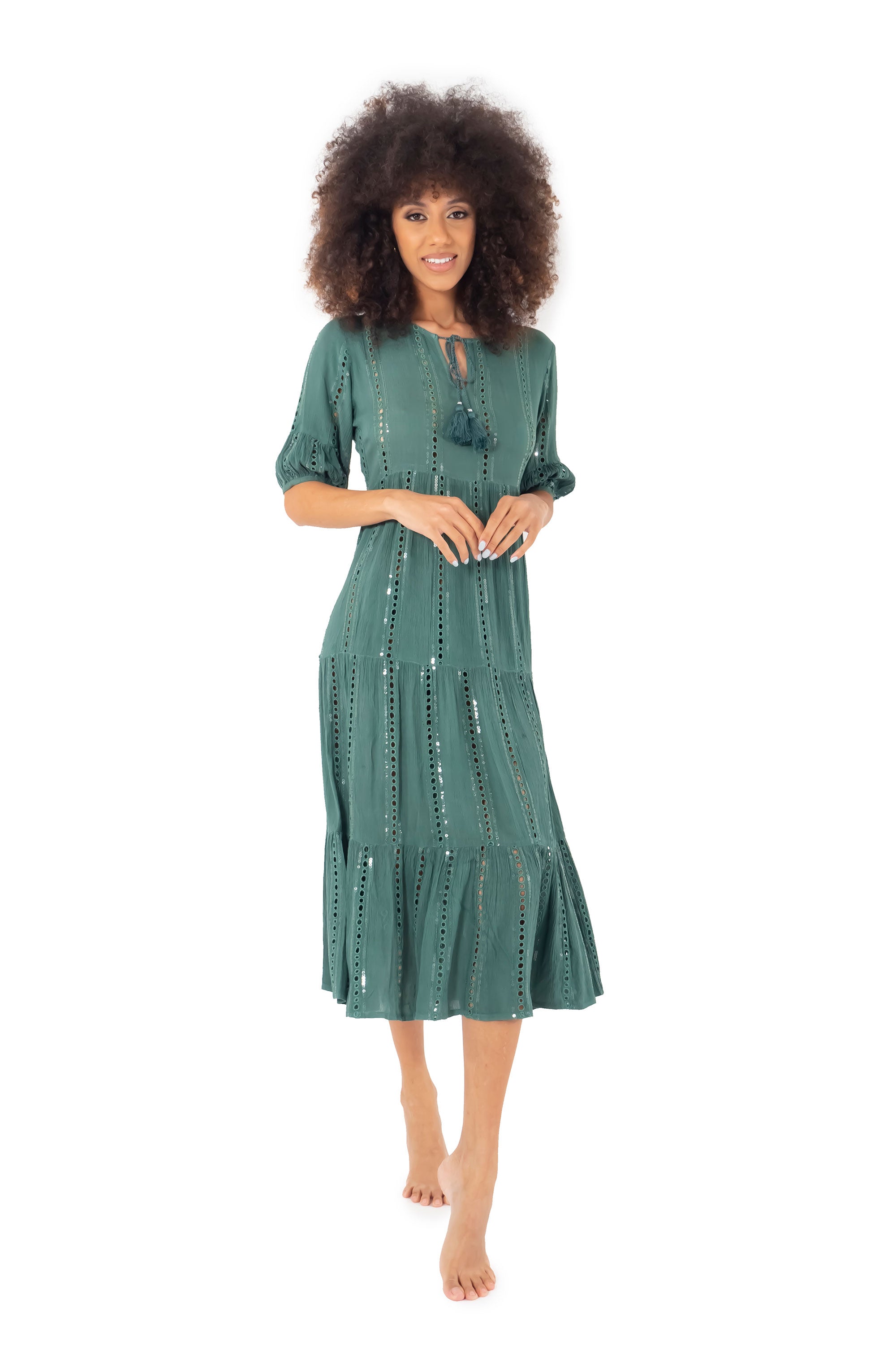Vestito verde lungo con maniche a 3/4 Vera